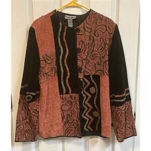 Indigo Moon Womens Tapestry Jacket Jacquard Boho Patchwork Sz S Black & Orange